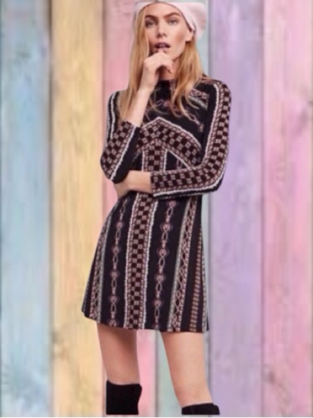 Free People Stella Black Patterned Mock Neck Lined Mini Dress